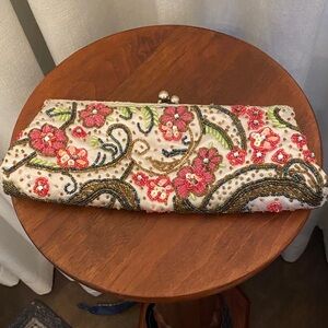 Floral Embroidered Clutch - Cream and Red